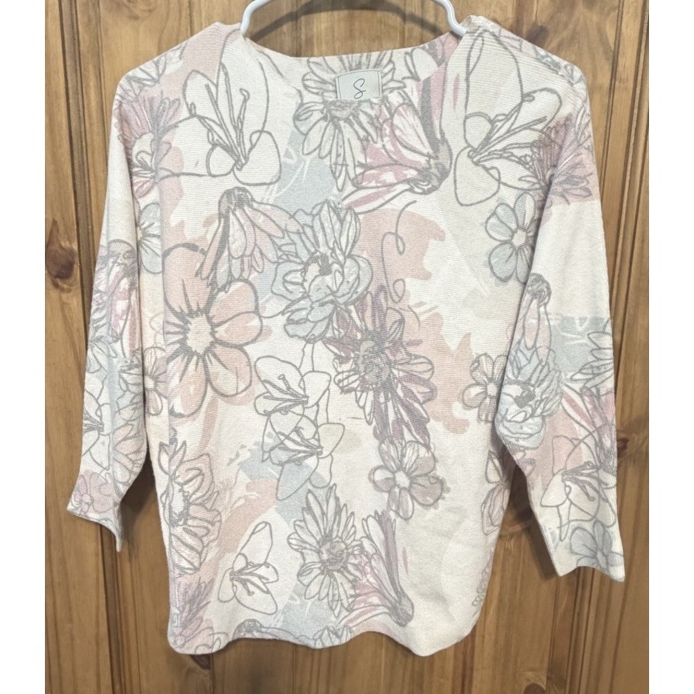 Sioni Floral Knit Top Womens M 3/4 Sleeve Soft Pastel Cottagecore Casual